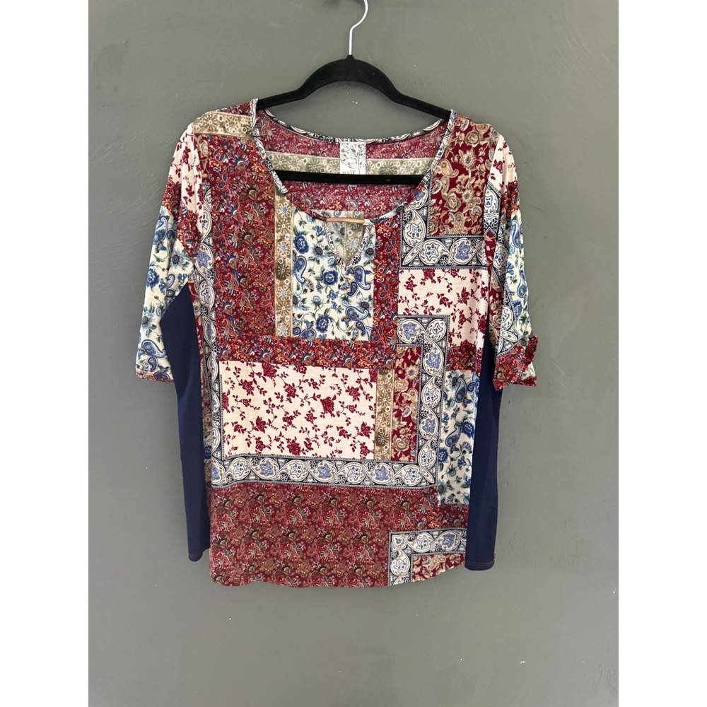 Naif Womens XL Patchwork Floral Paisley 3/4 Sleeve Top Navy Red Boho‎ Blouse